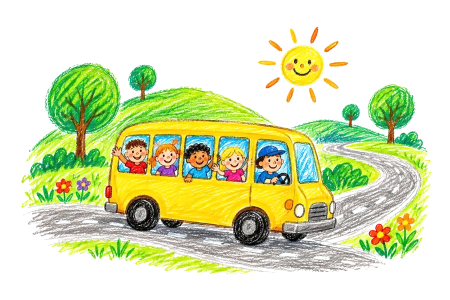 Disegno a pastello di un pulmino giallo con i bambini che salutano dai finestrini