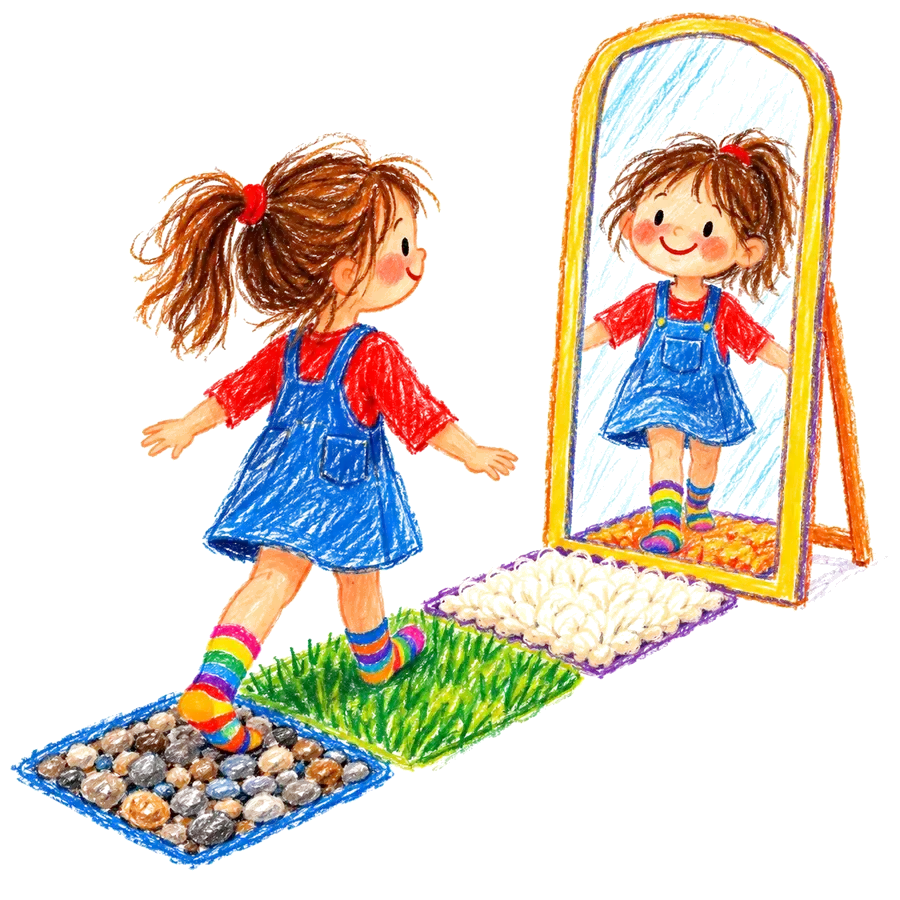Disegno a pastello di una bambina in calzini colorati su un percorso di sassi, erba e lana, davanti a uno specchio