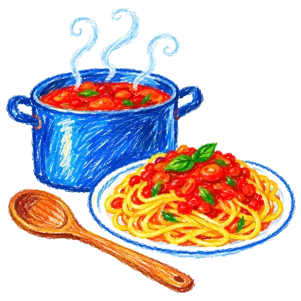 Disegno a pastello di una pentola blu fumante, un piatto di spaghetti al pomodoro e un cucchiaio di legno
