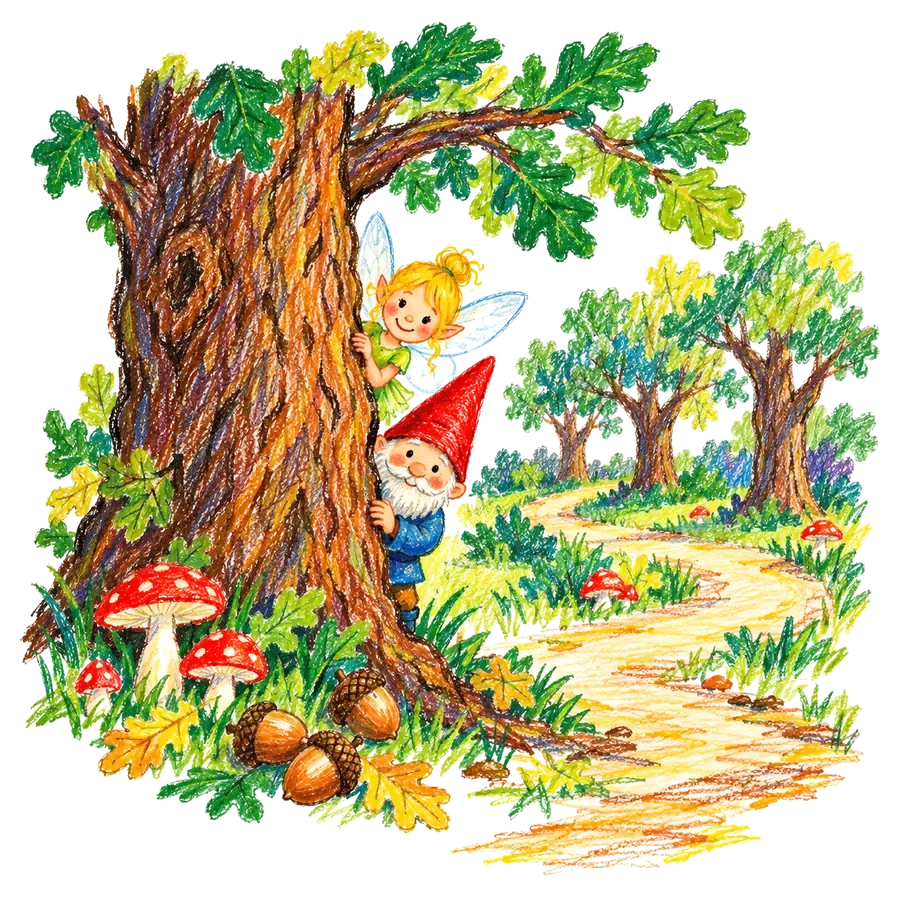 Disegno a pastello di un sentiero nel bosco di querce, con uno gnomo dal cappello rosso e una fatina dietro un albero