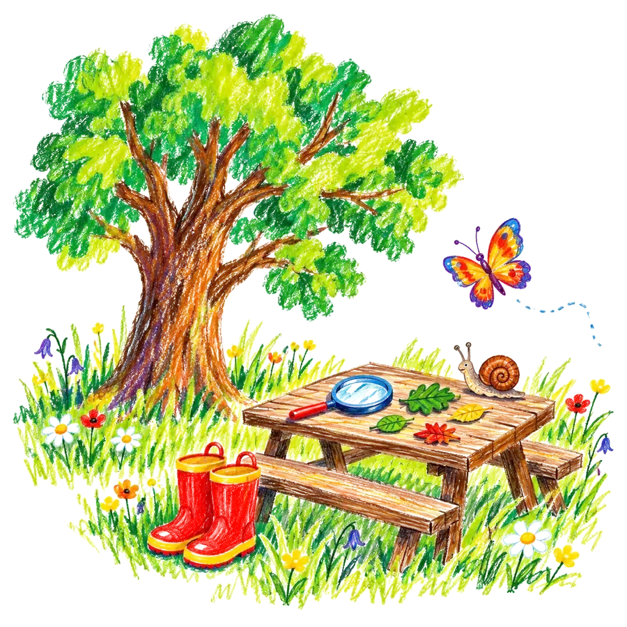 Disegno a pastello di un prato con un grande albero, un tavolo di legno con una lente d'ingrandimento e una farfalla